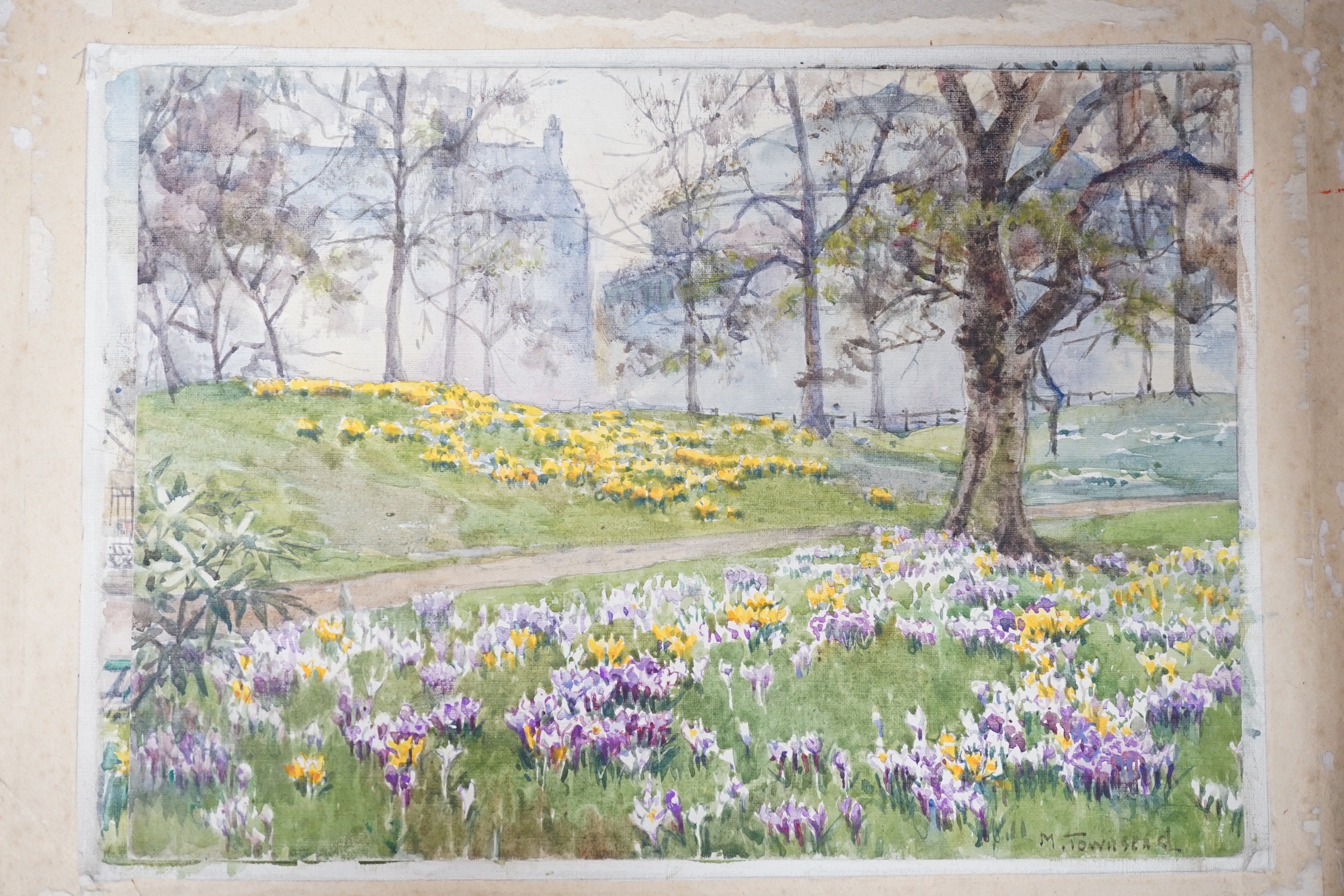 Harold Samuel Merritt and May Townsend, five watercolour landscapes by Merritt, Westmorland, Brittany and Shoreham Kent, largest 28 x 40cm, and two London Park views by Townsend, Kensington Gardens and Marble Arch, large
